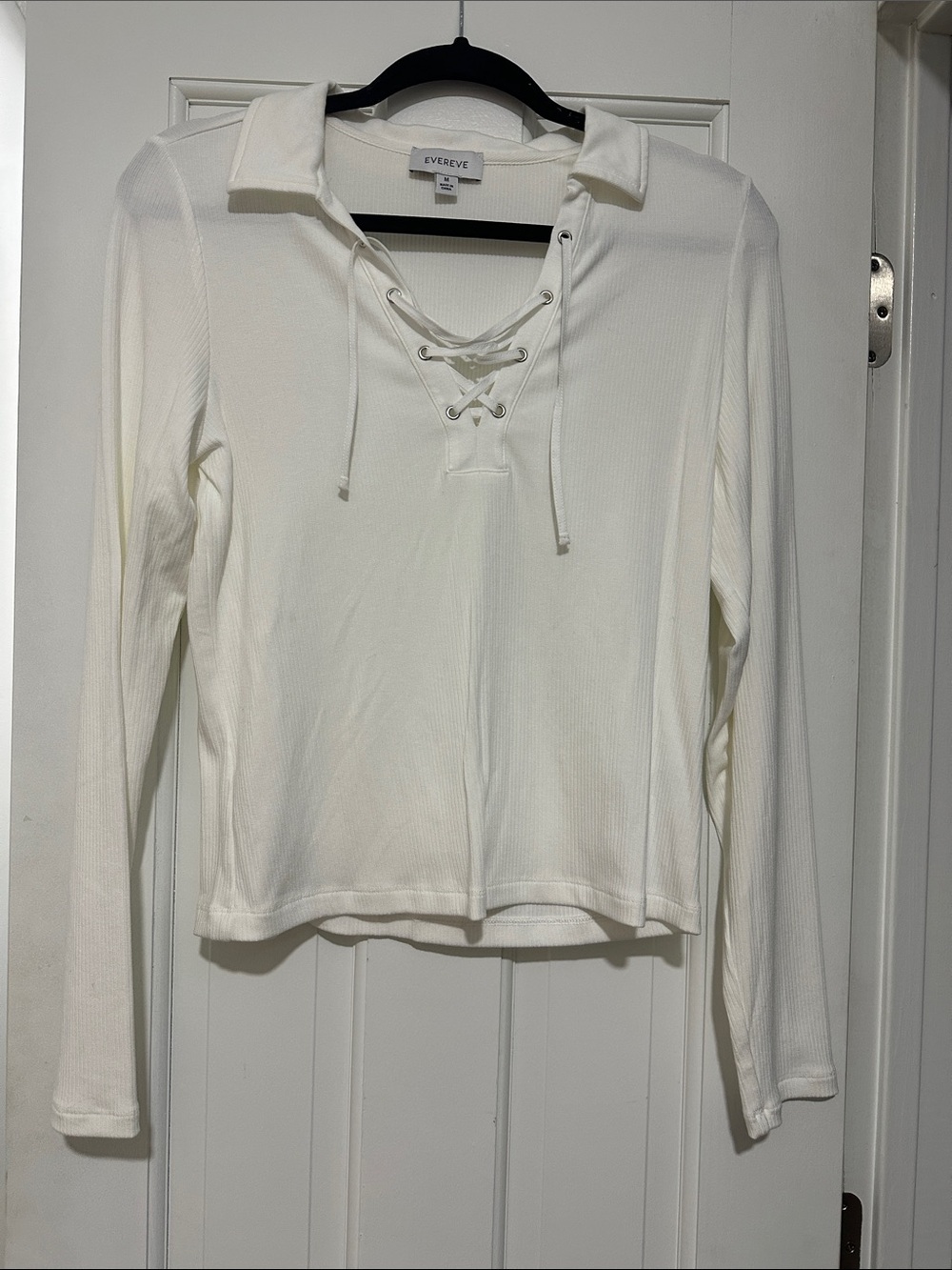 Evereve Cream Ribbed Lace-Up Collared Long Sleeve Top